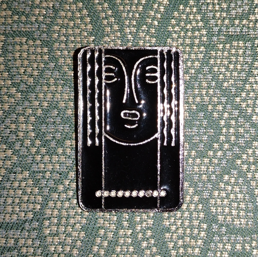 Ritz Art Deco Style Pewter Black Enamel Face Brooch Pendant
